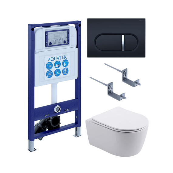 Инсталляция с подвесным унитазом комплект: SET AQUATEK ЕВРОПА New-045 4в1 (рама AQUATEK INS-0000025 +крепление KKI-0000002 +кнопка KDI-0000045 +унитаз AQ1106L-00 с тонким сиденьем sc) фото 