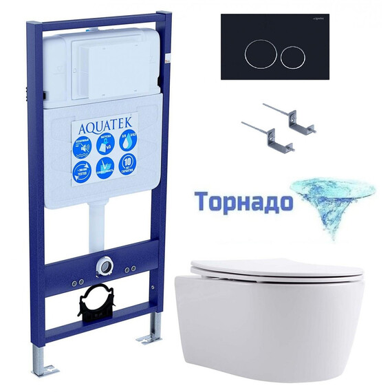 Инсталляция с подвесным унитазом комплект: Set AQUATEK ЕВРОПА T-020 4в1 (рама INS-0000012 + крепление KKI-0000002 + кнопка KDI-0000020 + унитаз ЕВРОПА AQ1106T-00 с крышкой sc, система смыва Торнадо) фото 