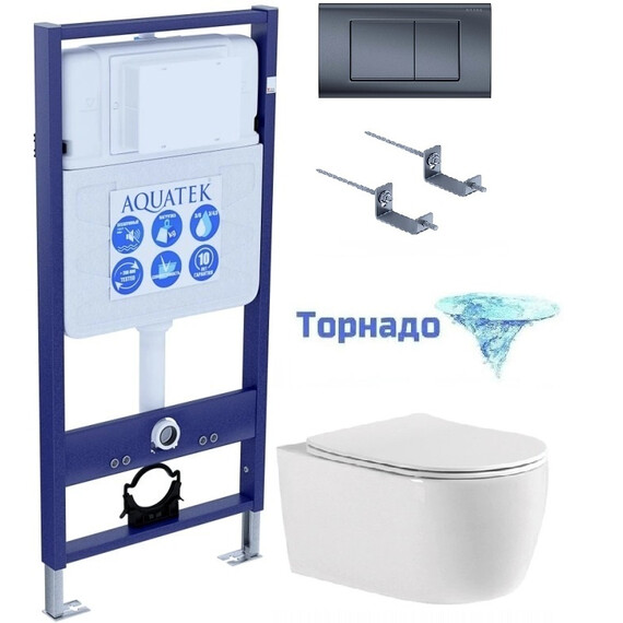 Инсталляция с подвесным унитазом комплект: Set AQUATEK ЕВРОПА T-033 4в1 (рама INS-0000012 + крепление KKI-0000002 + кнопка KDI-0000033 + унитаз ЕВРОПА AQ1106T-00 с крышкой sc, система смыва Торнадо) фото 