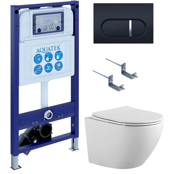 Инсталляция с подвесным унитазом комплект: SET AQUATEK ЕВРОПА-045 4в1 (рама AQUATEK INS-0000025 + крепление KKI-0000002 + кнопка KDI-0000045 + унитаз AQ1901-00 + тонкое сиденье sc) фото 