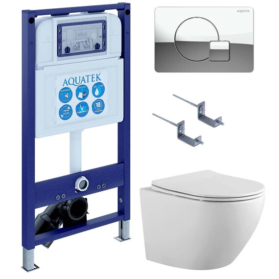 Инсталляция с подвесным унитазом комплект: SET AQUATEK ЕВРОПА-067 4в1 (рама AQUATEK INS-0000025 + крепление KKI-0000002 + кнопка KDI-0000067 + унитаз AQ1901-00 + тонкое сиденье sc) фото 