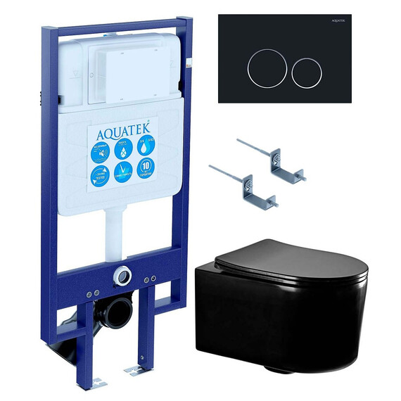 Инсталляция с подвесным унитазом комплект: SET AQUATEK МИЯ-MB-020 4в1 (рама AQUATEK Standard INS-0000020 + крепеж KKI-0000002 + клавиша KDI-0000020 + унитаз AQ2004-MB с тонким сиденьем soft-close) фото 