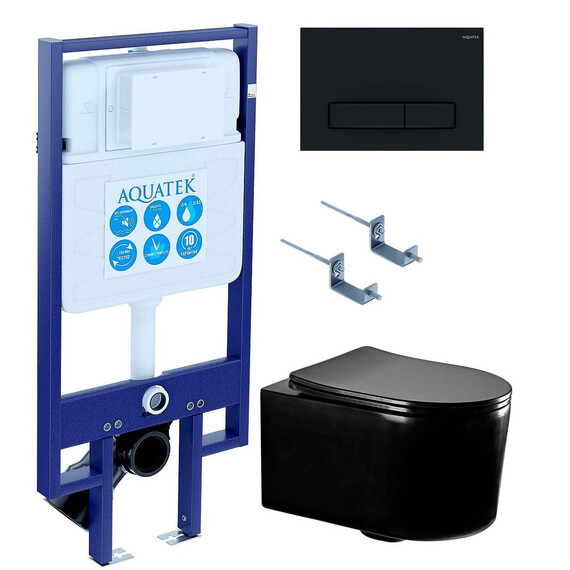 Инсталляция с подвесным унитазом комплект: SET AQUATEK МИЯ-MB-025 4в1 (рама AQUATEK Standard INS-0000020 + крепеж KKI-0000002 + клавиша KDI-0000025 + унитаз AQ2004-MB с тонким сиденьем soft-close) фото 