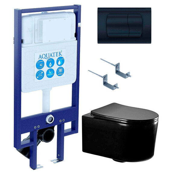 Инсталляция с подвесным унитазом комплект: SET AQUATEK МИЯ-MB-049 4в1 (рама AQUATEK Standard INS-0000020 + крепеж KKI-0000002 + клавиша KDI-0000049 + унитаз AQ2004-MB с тонким сиденьем soft-close) фото 