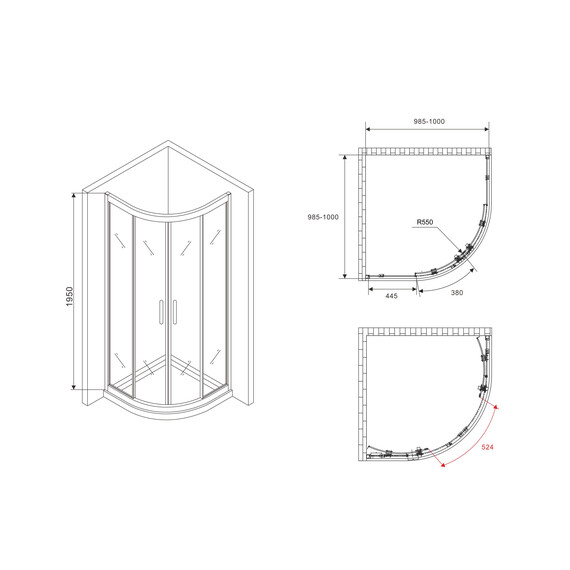 Душевое ограждение Abber Schwarzer Diamant 100х100 см AG01100B, черный/прозрачное фото 17