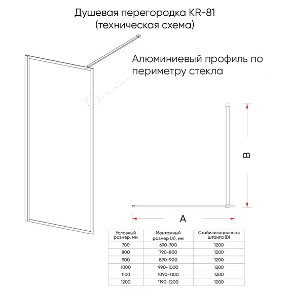 Душевая перегородка Veconi 70 см KR81GF-70-08-C8 (стекло 8 мм) с кронштейном в комплекте, золото/рифленое фото 3