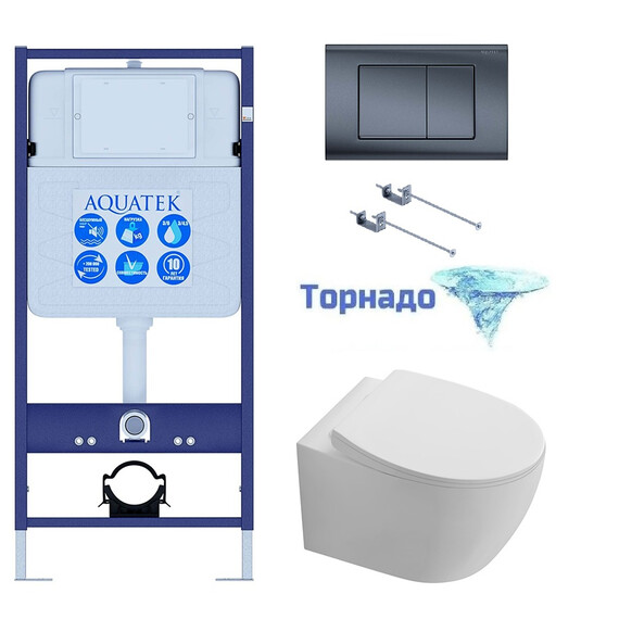 Инсталляция с подвесным унитазом комплект: SET AQUATEK СИРИУС KDI-033 4в1 (рама INS-0000012 +крепёж KKI-0000001 + клавиша KDI-0000033 + унитаз AQ1582T-00 СИРИУС с тонким сиденьем soft-close, система смыва Торнадо) фото 