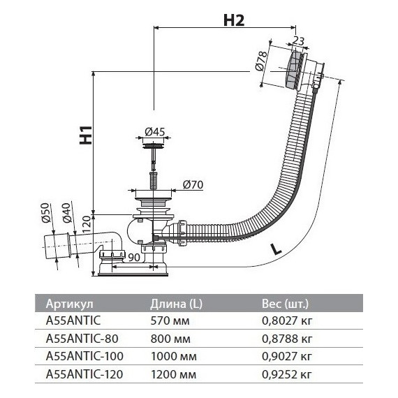 Сифон для ванны AlcaPlast A55 ANTIC-80 металл фото 3