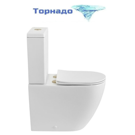 Унитаз-компакт безободковый Cezares Stylus-Tor CZR-538-CP-TOR с тонкой крышкой микролифт, кнопка брашированное золото (система смыва Торнадо) фото 