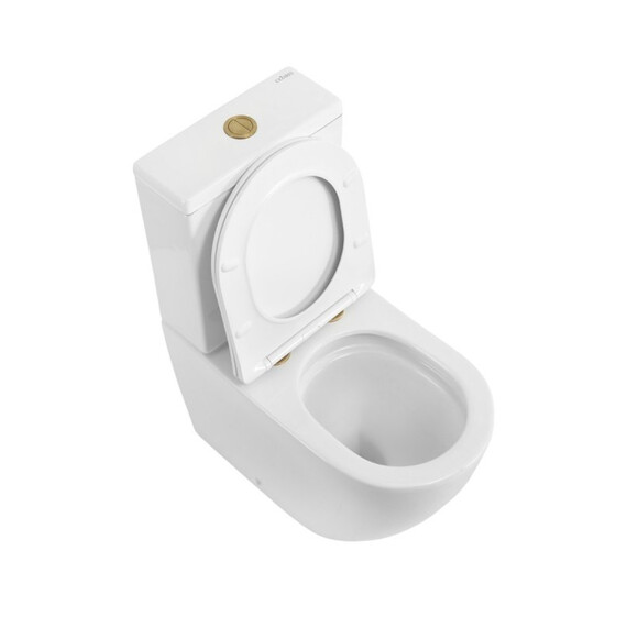 Унитаз-компакт безободковый Cezares Stylus-Tor CZR-538-CP-TOR с тонкой крышкой микролифт, кнопка брашированное золото (система смыва Торнадо) фото 2