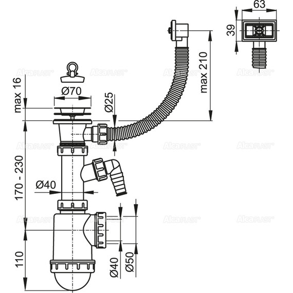 Сифон для мойки AlcaPlast A444P-DN50/40 фото 2
