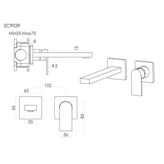 Смеситель для раковины настенный Sancos Студия (Studio) SC9039MB (со скрытой частью) чёрный матовый фото 6