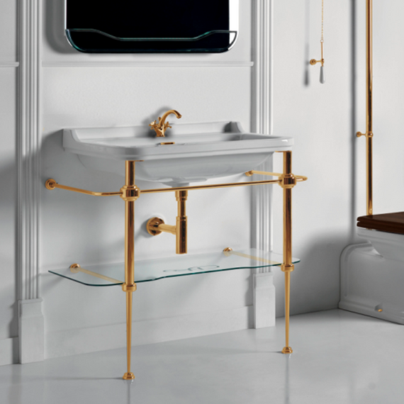Раковина с консолью Kerasan Waldorf 100 см 4142K1bi/cr*1 (консоль 9196K2oro, заглушка для перелива 811391oro) белый/золото фото 