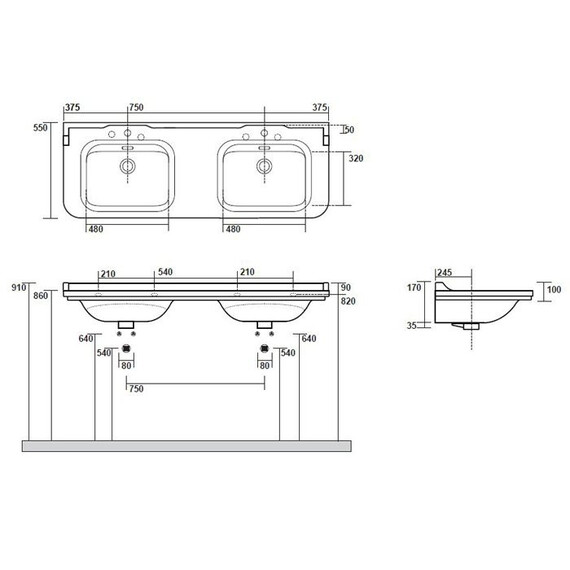 Раковина подвесная Kerasan Waldorf 150 см 4143K1bi/cr*3 (заглушка для перелива 811393br) белый/бронза фото 4