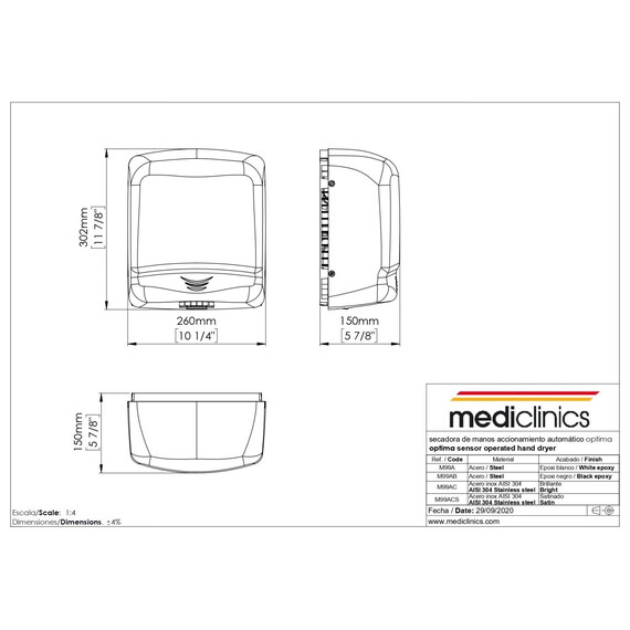 Сушилка для рук Mediclinics Optima M99AC, цвет нержавеющая сталь фото 2