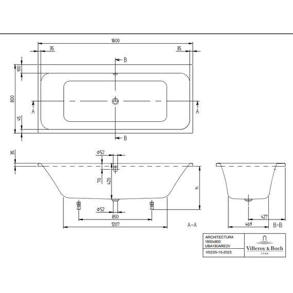 Ванна акриловая Villeroy&Boch Architectura 180x80 см UBA180ARE2V-01 фото 3