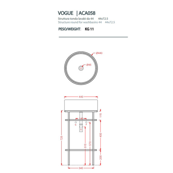 Раковина с металлической консолью ArtCeram Vogue 44 см OSL009 01 00, белый матовый фото 3