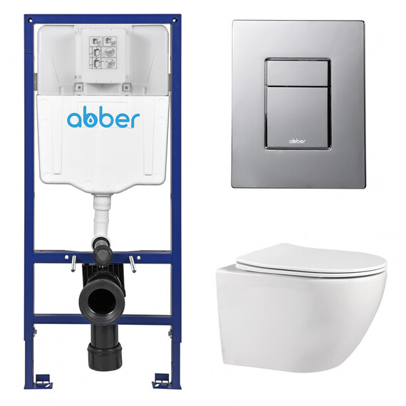 Инсталляция с подвесным унитазом комплект: Abber AC0108 с подвесным унитазом Bequem AC1100 с крышкой микролифт, кнопка смыва AC0123 хром глянцевый фото 
