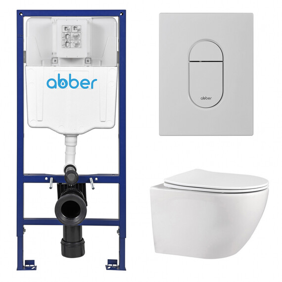 Инсталляция с подвесным унитазом комплект: Abber AC0108 с подвесным унитазом Bequem AC1100 с крышкой микролифт, кнопка смыва AC0124MW белая матовая фото 