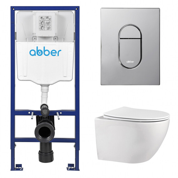 Инсталляция с подвесным унитазом комплект: Abber AC0108 с подвесным унитазом Bequem AC1100 с крышкой микролифт, кнопка смыва AC0124 хром глянцевый фото 