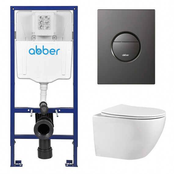 Инсталляция с подвесным унитазом комплект: Abber AC0108 с подвесным унитазом Bequem AC1100 с крышкой микролифт, кнопка смыва AC0126NG оружейная сталь фото 