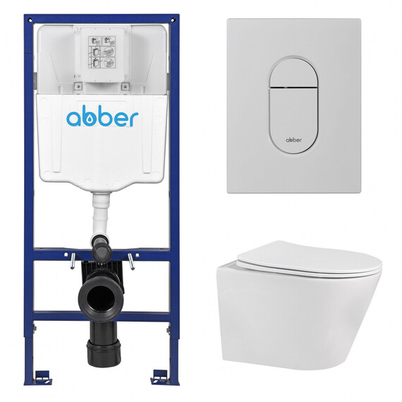 Инсталляция с подвесным унитазом комплект: Abber AC0108 с подвесным унитазом Bequem AC1102 с крышкой микролифт, кнопка смыва AC0124MW белая матовая фото 