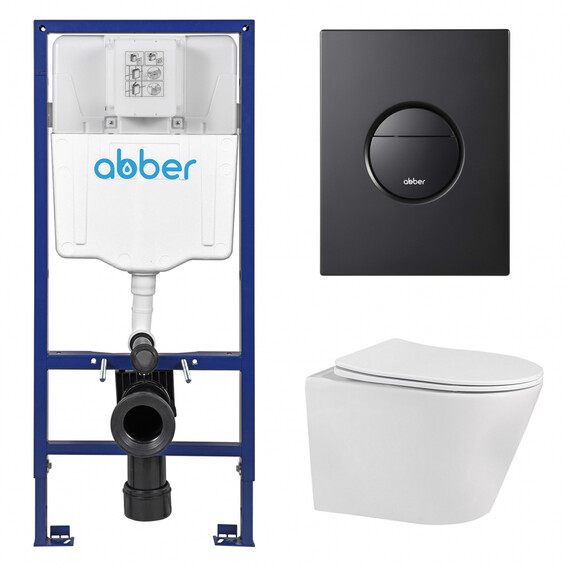 Инсталляция с подвесным унитазом комплект: Abber AC0108 с подвесным унитазом Bequem AC1102 с крышкой микролифт, кнопка смыва AC0126MB черная матовая фото 