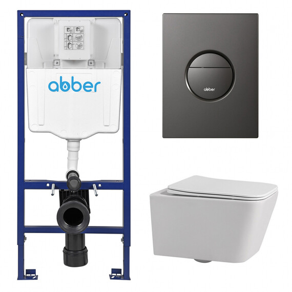 Инсталляция с подвесным унитазом комплект: Abber AC0108 с подвесным унитазом Rechteck AC1201 с крышкой микролифт, кнопка смыва AC0126NG оружейная сталь фото 