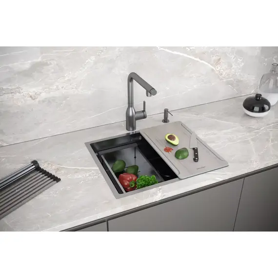 Кухонная мойка Paulmark NEXT-MULTI SINK 54-L UNI 1,2 мм PM785445-L-GM, вороненая сталь фото 3
