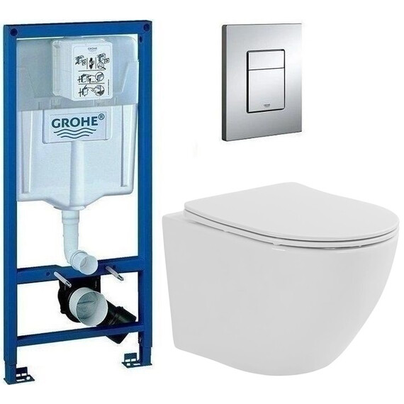 Инсталляция с подвесным унитазом комплект: Grohe Rapid SL 38772001 с подвесным безободковым унитазом Taliente Amato Tornado 3 AM55003 сиденье микролифт, крепление, кнопка смыва хром (система смыва Торнадо) фото 
