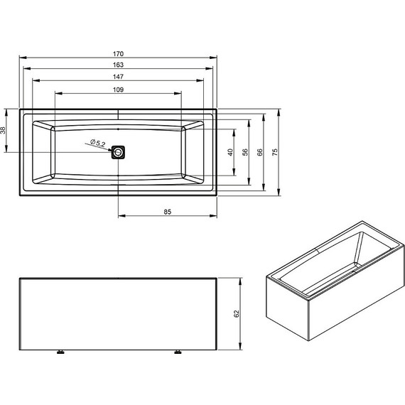 Ванна акриловая Riho STILL SQUARE ELITE 170x75 см R BD1300500000000, Размер - мм: 1700х750 фото 4