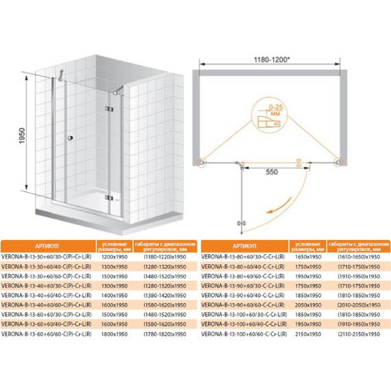 Душевая дверь Cezares Verona B-13 160 см L/R хром/прозрачное - 2 Душевая дверь Cezares Verona B-13 160 см L/R хром/прозрачное фото 2