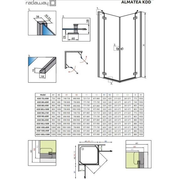 Душевое ограждение Radaway Almatea KDD 100х90 см, хром/прозрачное - 3 Душевое ограждение Radaway Almatea KDD 100х90 см, хром/прозрачное фото 3
