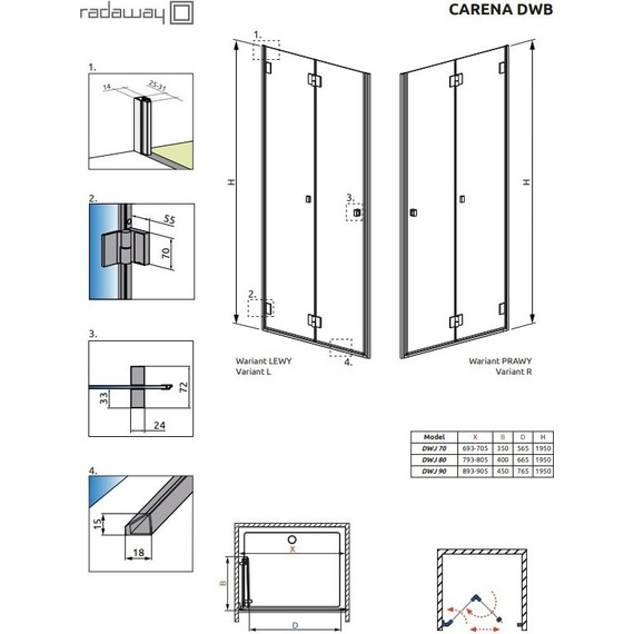 Душевая дверь Radaway Carena DWB 80 см L/R, хром/прозрачное - 3 Душевая дверь Radaway Carena DWB 80 см L/R, хром/прозрачное фото 3