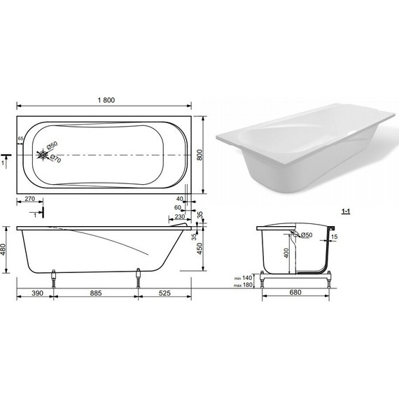Ванна каменная Эстет Альфа 180х80 см ФР-00001311 фото 2