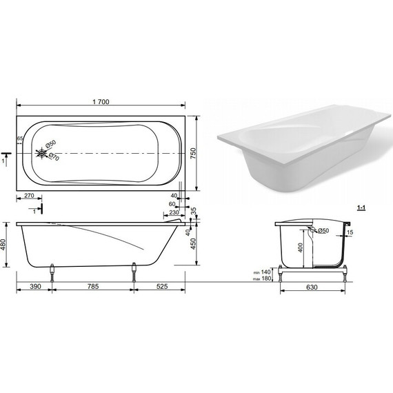 Ванна каменная Эстет Альфа 170х75 см ФР-00001751 фото 2