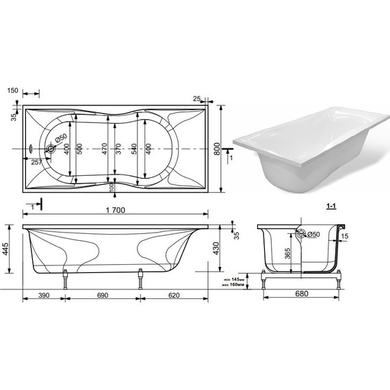 Ванна каменная Эстет Бета 170х80 см ФР-00001321 фото 2