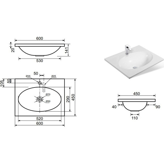 Раковина врезная на столешницу Эстет Вегас 60 см ФР-00000777 - 2 Раковина врезная на столешницу Эстет Вегас 60 см ФР-00000777 фото 2