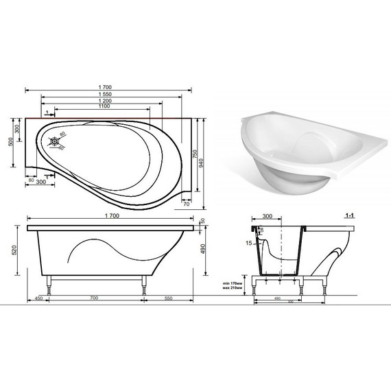 Ванна каменная Эстет Грация 170х95 см R ФР-00000633 фото 2