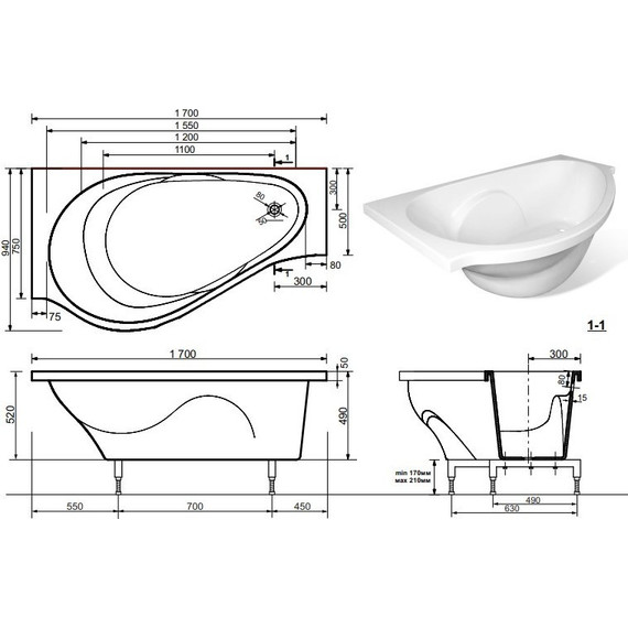 Ванна каменная Эстет Грация 170х95 см L ФР-00000629 фото 2