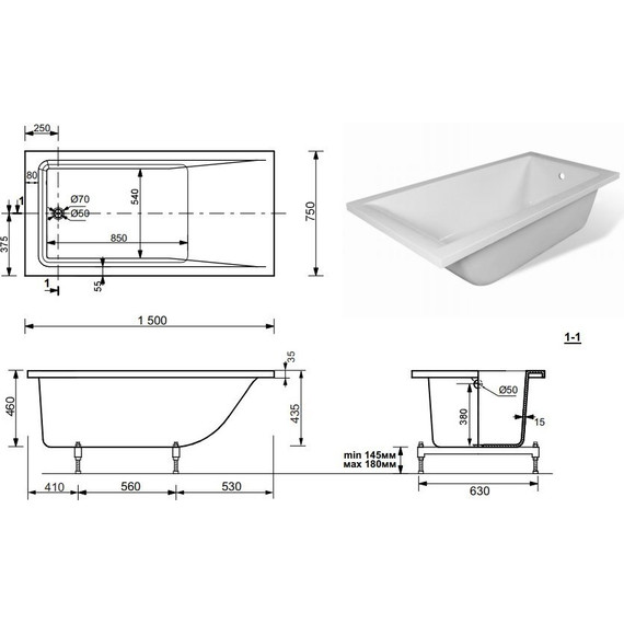 Ванна каменная Эстет Дельта 150х75 см ФР-00000639 фото 2