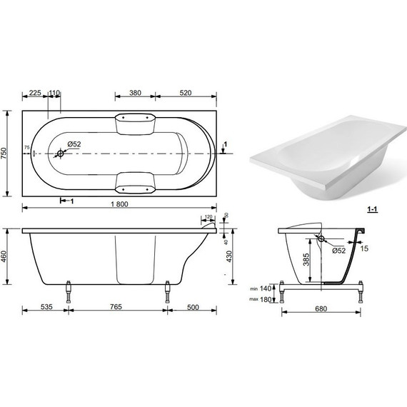 Ванна каменная Эстет Камелия 180х75 см ФР-00001032 фото 2