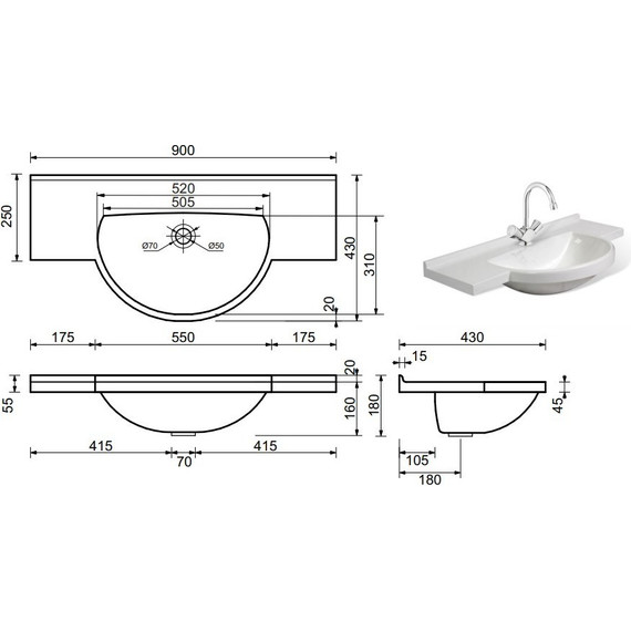 Раковина врезная на столешницу Эстет Куба 90 см ФР-00000783 фото 2