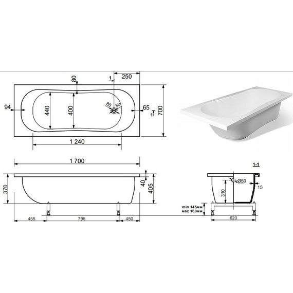 Ванна каменная Эстет Лаура 170х70 см ФР-00000678 - 2 Ванна каменная Эстет Лаура 170х70 см ФР-00000678 фото 2