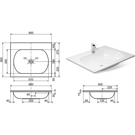 Раковина врезная на столешницу Эстет Милана 60 см ФР-00000786 - 2 Раковина врезная на столешницу Эстет Милана 60 см ФР-00000786 фото 2
