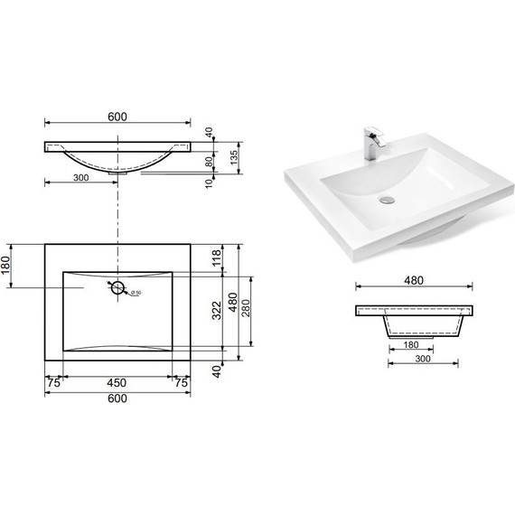 Раковина врезная на столешницу Эстет Монако 60 см ФР-00000790 - 2 Раковина врезная на столешницу Эстет Монако 60 см ФР-00000790 фото 2