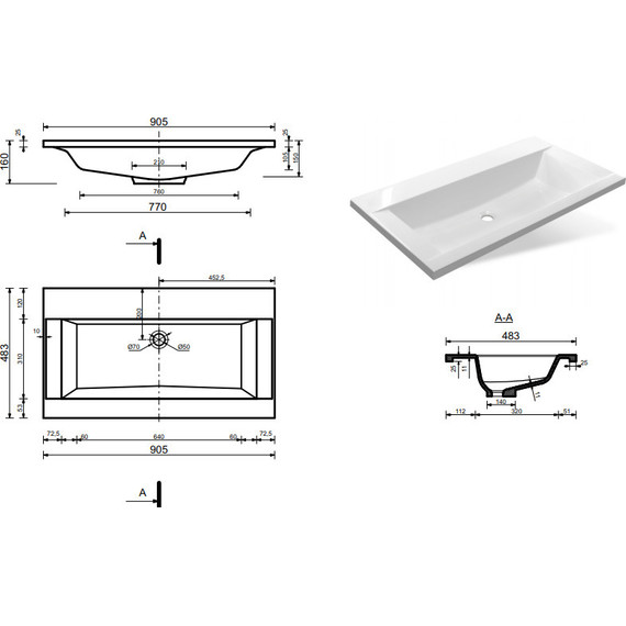 Раковина врезная на столешницу Эстет Рава 90 см ФР-00002613 фото 2