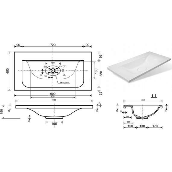 Раковина врезная на столешницу Эстет Bali 90 см ФР-00001472 фото 2