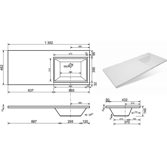Раковина над стиральной машиной Эстет Dallas Luxe 130 см R ФР-00002167 фото 2