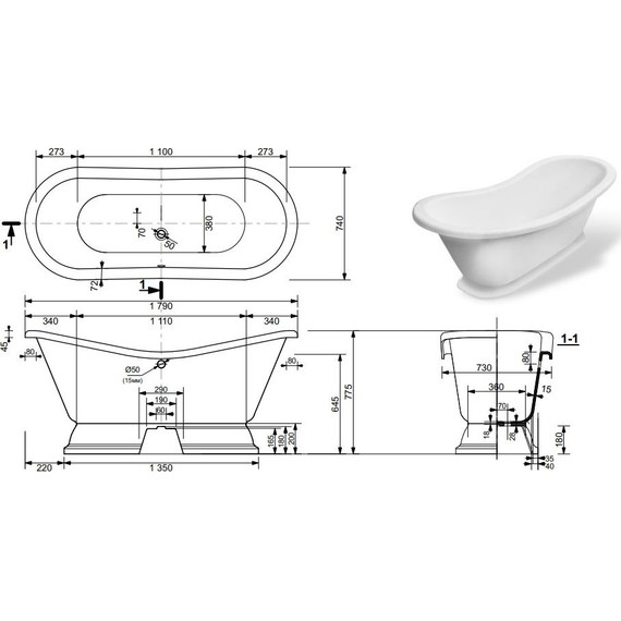 Ванна отдельностоящая Эстет Бостон 180х74 см ФР-00001046 фото 2